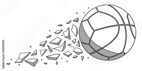 A graphic illustration of a basketball shattering into fragments with motion lines and small dots around it