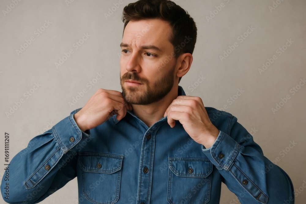 Fototapeta premium Bearded man adjusting his denim shirt collar while looking away from the camera against a neutral background