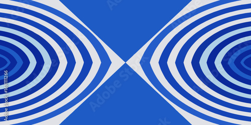 Geometric design featuring concentric blue and white curves forming a symmetrical pattern on a blue background