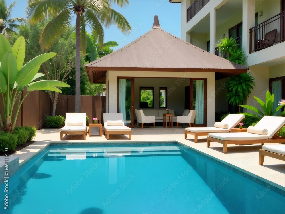 Fototapeta premium Tranquil Turquoise Pool with Luxury Resort Deck Chairs Under Blue Sky in Bali