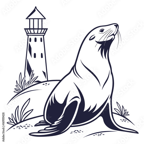 Majestic Sea Lion and Lighthouse Coastal Illustration.