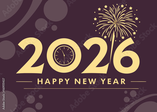 Golden 2026 with fireworks and clock celebrating happy new year festive design
