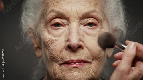 Elderly woman enjoys applying makeup in cozy room while preparing for special occasion