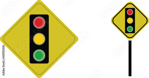 Vector illustration of a traffic light ahead warning sign, symbolizing road safety, transportation rules, and traffic control