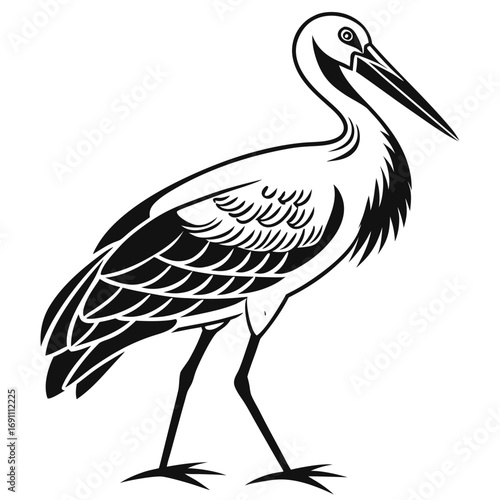Stylized Black and White Stork Bird Illustration.