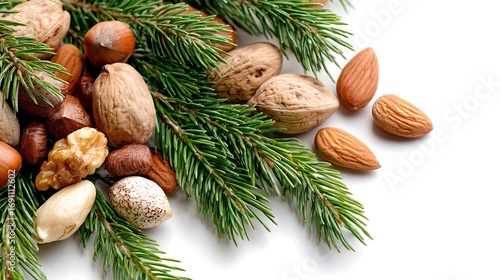 Festive arrangement of assorted nuts and fresh green fir branches isolated on white background for a seasonal holiday or winter celebration