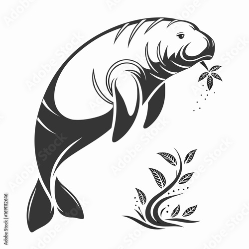Stylized Manatee Eating Aquatic Plant Illustration.