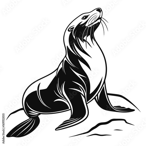 Stylized Sea Lion Vector Illustration Looking Up.