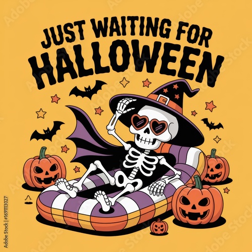 A playful skeleton in sunglasses relaxes on a float, surrounded by pumpkins and bats, eagerly anticipating Halloween festivities.