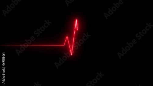 Red glowing neon heartbeat pulse animation on black background showing cardiogram line style motion graphics in loop ECG medical concept video design