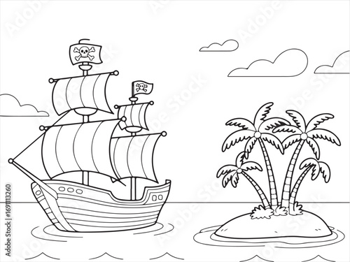 Hand-drawn pirate ship with sails and an island in the background, perfect for nautical content