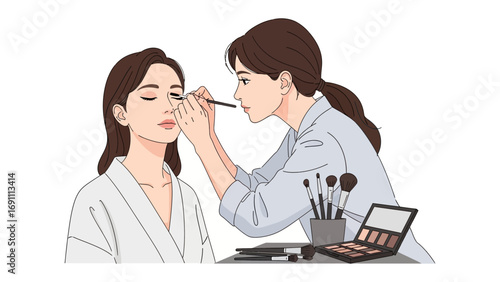 Stylized line drawing of three women in a nail salon with one receiving a manicure and another holding a tray of nail polish bottles