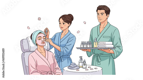 Skilled estheticians performing luxurious anti aging facial treatment with gold mask and skincare products for rejuvenation