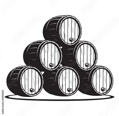 Stacked black and white wooden wine barrels illustration against a clean white background