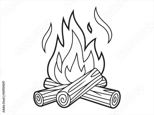 Line art of a warm campfire burning wood logs, ideal for nature and adventure content