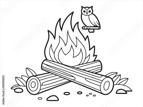 Black and white illustration of a roaring campfire with logs, perfect for camping themes