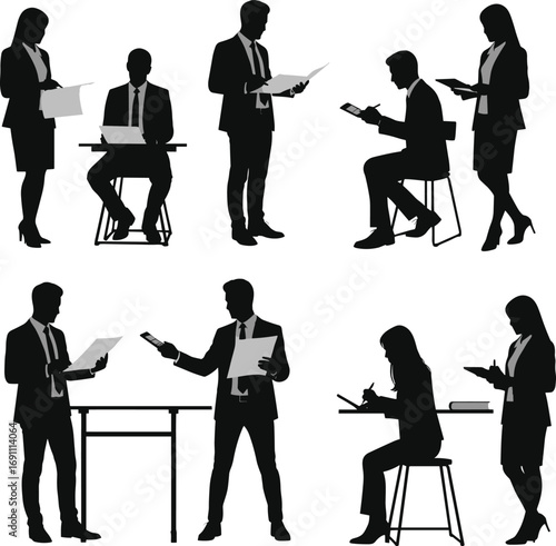 Business silhouette illustration of professionals interacting in office scenes with documents, laptops, and phones for workplace communication and teamwork visuals