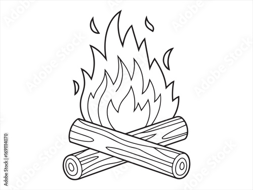 A black and white detailed illustration of a campfire with flames rising from a stack of wooden logs, ideal for outdoor, camping, or warmth-related content.