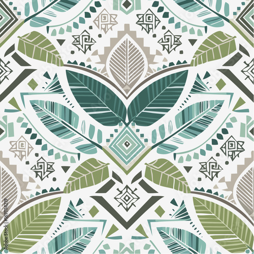 Seamless Tribal Pattern with Tropical Leaves Fusion