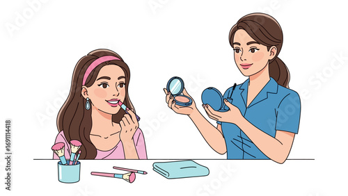 Three focused women in white uniforms performing nail care and manicures with tools and polish bottles illustrating beauty salon services and professional nail artistry