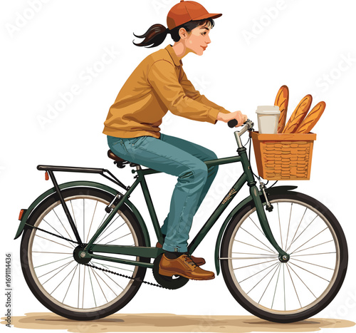 Cartoon Person Riding Bicycle with Basket of Baguettes and Coffee Cups, Urban Delivery Vector for Food, Lifestyle, and Transportation Themes