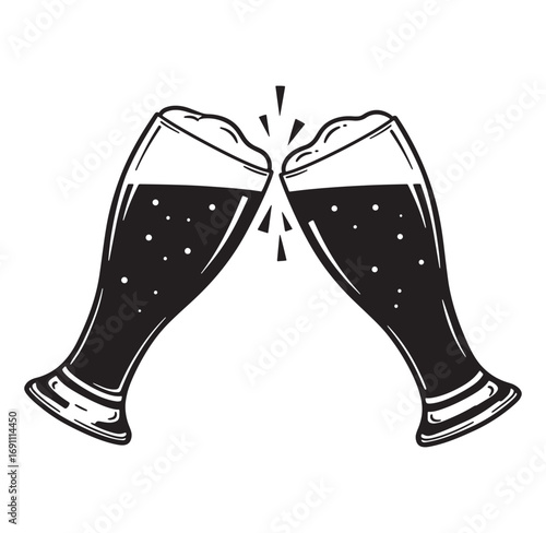 Two beer glasses clinking together celebration illustration in black and white for cheers