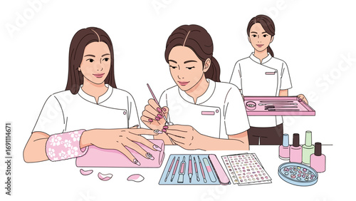 Two women receiving facial treatments and beauty services in a spa setting with therapists applying masks and performing skincare procedures