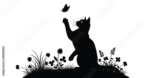 Silhouette of a black cat playfully reaching for a butterfly in a field of flowers