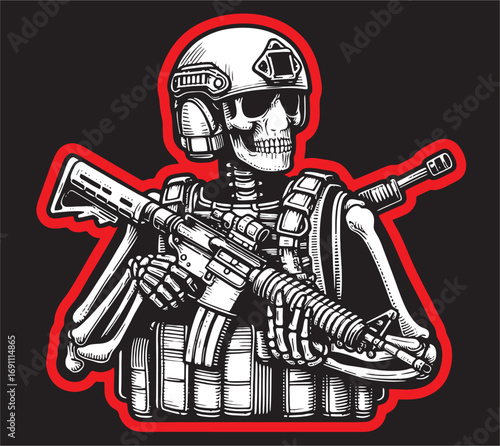 A Vector Illustration of Skull Army in black white line drawing