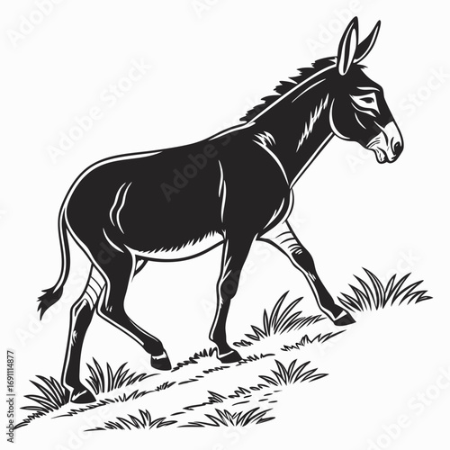 Black and white illustration of a donkey walking on a grassy hill