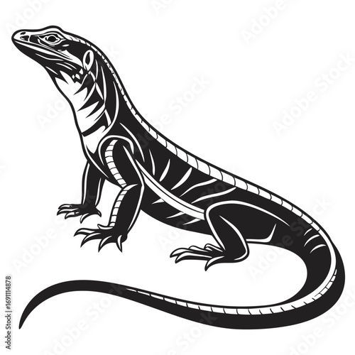 Stylized black and white illustration of a monitor lizard