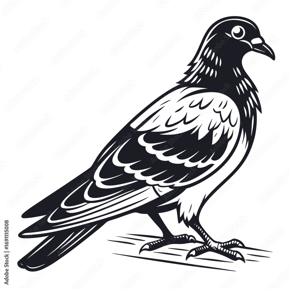 Fototapeta premium Stylized black and white illustration of a pigeon standing