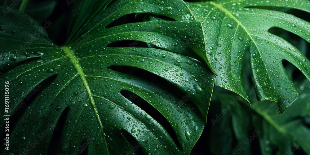 Fototapeta premium Lush Green Monstera Leaves with Water Drops Capturing the Essence of Tropical Nature and Plant Aesthetics