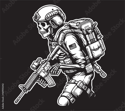A Vector Illustration of Skull Army in black white line drawing