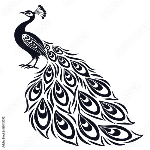 Elegant black silhouette of a peacock with elaborate tail feathers