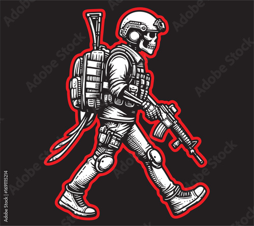 A Vector Illustration of Skull Army in black white line drawing