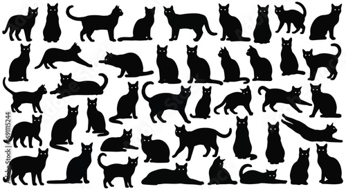 A collection of black cat silhouettes in various poses, isolated on a, showcasing different feline movements and stances