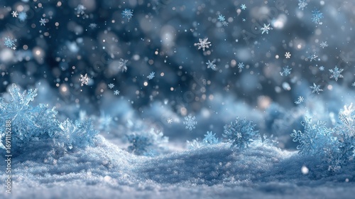 blue snowflakes falling onto a snowy surface creating a winter wonderland scene