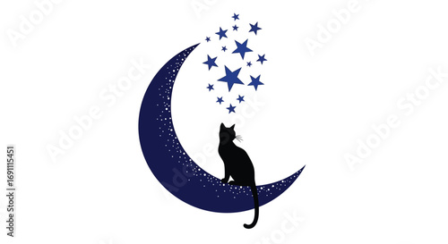 A solitary black cat silhouette perched on a dark blue crescent moon, gazing at a cluster of twinkling stars