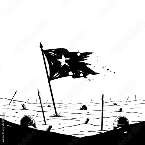 Vector art of torn flag with star on the battlefield