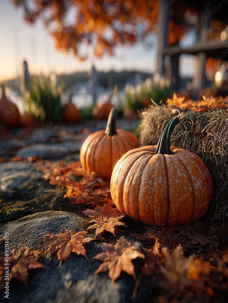 Fototapeta premium Nadmorska sceneria w jesiennej odsłonie z dyniami i snopkiem siana. Opadłe liście w ciepłych odcieniach brązu i pomarańczu pokrywają bruk. W tle widać molo i drzewa.