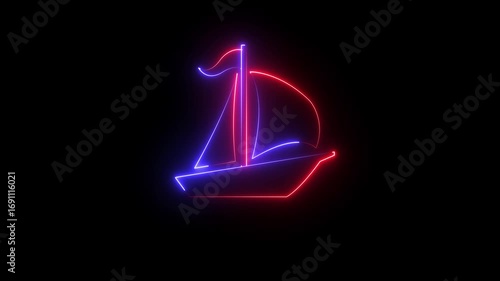 Glowing neon line Toy boat icon isolated on black background. Minimalist sailing adventure symbol. Sail boat marine cruise travel. ail boat and wave motion graphic video template . 4k motion graphics.