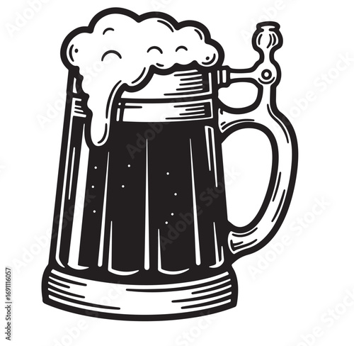 Vintage black and white illustration of a classic beer stein with overflowing froth