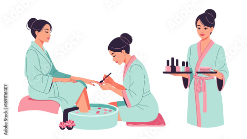 Woman receiving a professional manicure and pedicure treatment in a comfortable salon chair with a technician attending to her nails while another staff member holds beauty products