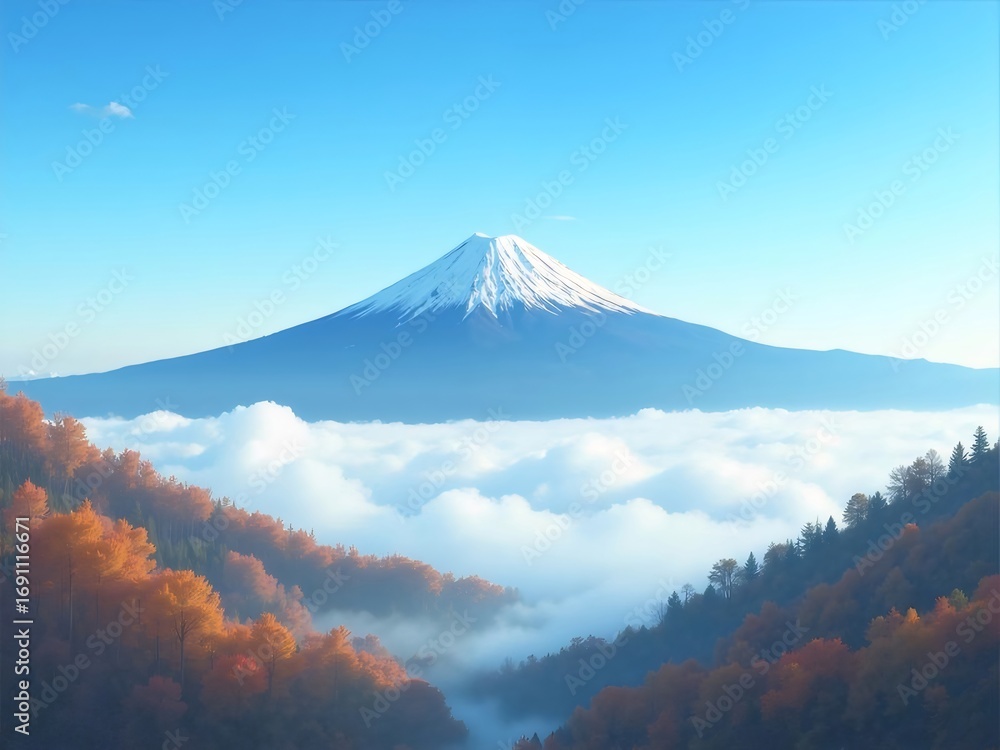 Fototapeta premium Majestic Mountain Peak with Snow Above Clouds and Autumnal Forest in Japan Landscape