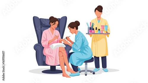 Serene spa scene with women enjoying relaxing hot tub baths and a therapist serving natural spa treatments and herbal remedies
