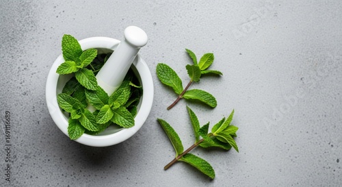 Fresh mint sprigs in a white mortar and pestle on a gray surface