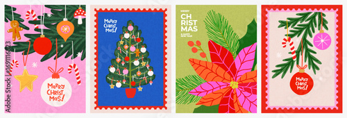 Merry Christmas and Happy New Year greeting card Set. Modern beautiful Xmas design with typography, Christmas tree, fir branches, balls and toys, snowflake pattern. Art banner, poster, cover templates