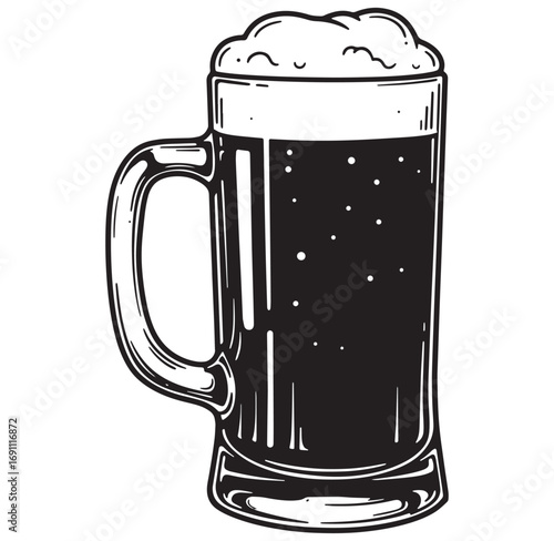 Vintage style black and white illustration of a full beer mug with frothy foam