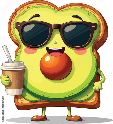 Funny cartoon avocado toast character with sunglasses and coffee cup, trendy breakfast food illustration for lifestyle, humor, and health themes
